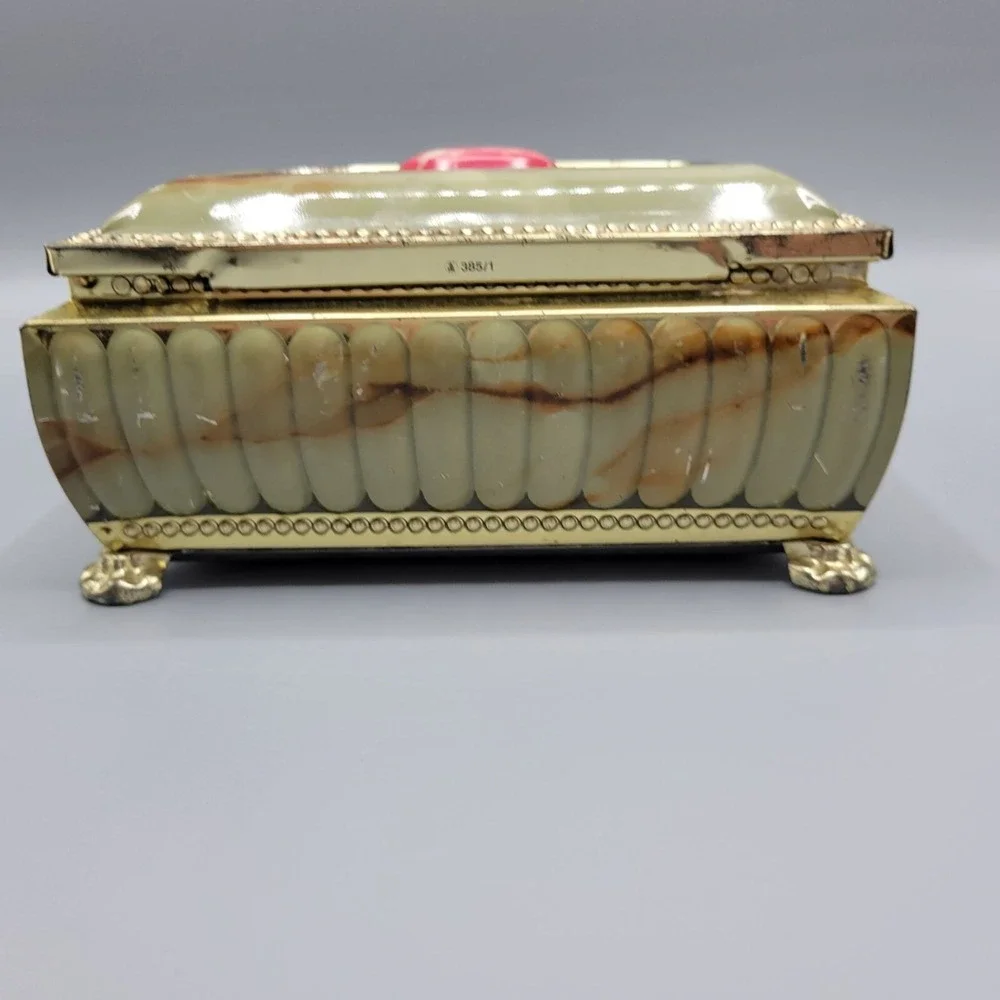 Vtg Footed Tea Tin Box Pink Faux Marble Jewelry Trinket Box Shelf Decor AS IS